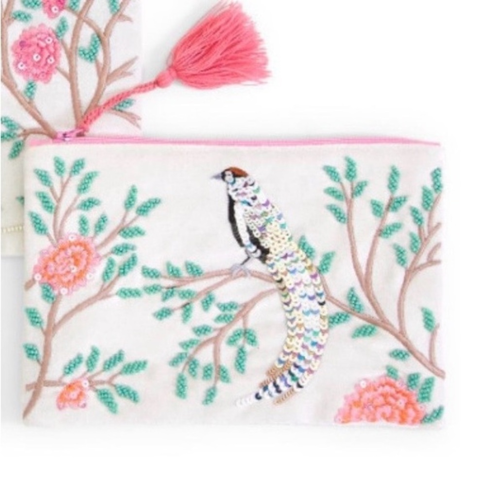 Two's Company Floral and Beaded Velvet Clutch Pouch Tassel NWOT